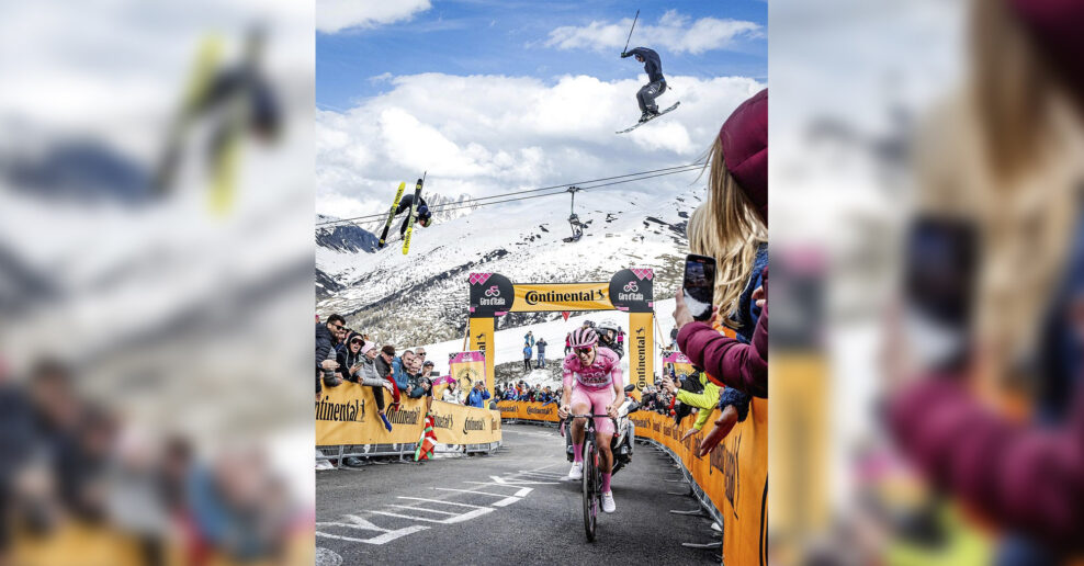  Video: Lyžiar a lyžiarka preskočili cez Tadeja Pogačara pred cieľom kráľovskej etapy Giro d’Italia